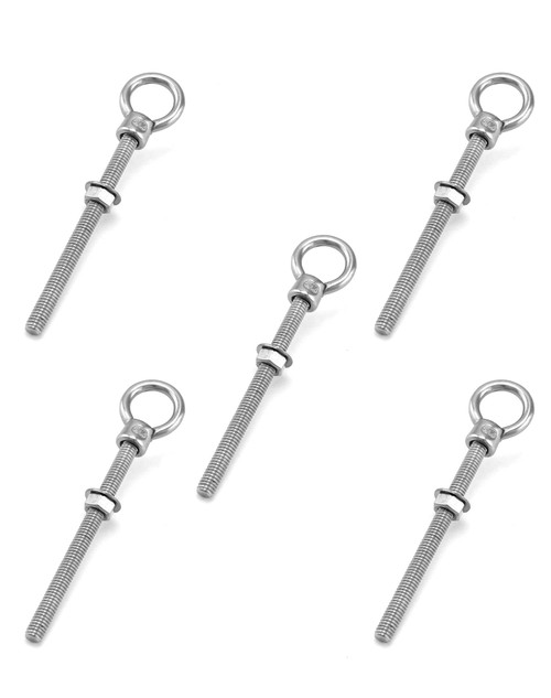 QWORK Threaded Eyebolts, 5 Pack 5/16" x 4" M8 Marine Grade Long Stainless Steel Shoulder Eye Bolts