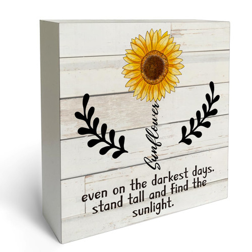 Farmhouse Style Positive Sunflower Sayings Box Sign Wood Desk Sign Decor Sunflowers Quotes Wooden Block Plaque Box Sign Home Decorations (5 x 5 Inches)
