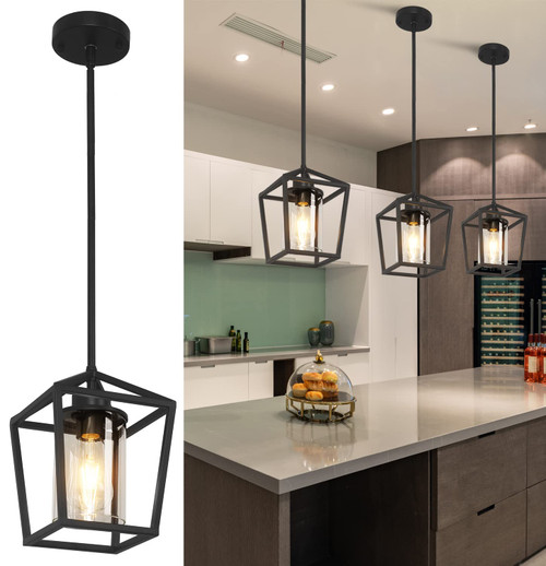 1 Pack Black Pendant Light Fixture Farmhouse Iron Cage Metal Pendant Light Lantern Hanging Light Fixtures with Clear Glass Shade for Kitchen Island, Dining Room, Hallway,Entryway 1 Pack Black Pendant Light Fixture Farmhouse Iron Cage Metal Pendant Light Lantern Hanging Light Fixtures with Clear Glass Shade for Kitchen Island, Dining Room, Hallway,Entryway