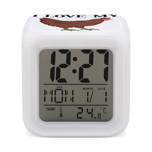 I Love My Chicken Alarm Clock 7 Color Change Digital Thermometer Hour Bell with LED Display Cube Night Light for Bedroom Decoration