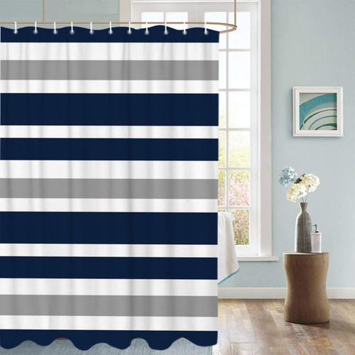 Navy Blue Gray and White Striped Shower Curtains for Bathroom Fabric Shower Curtain with 12 Hooks Waterproof Bath Curtain for Shower/Bathtub Decor, 72x78inch