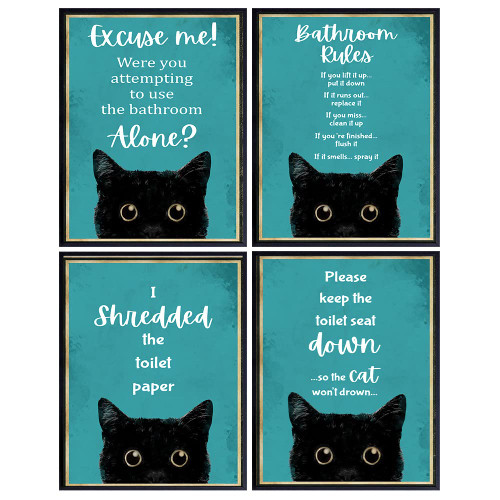 Teal Blue Bathroom Wall Decor - Funny Cat Bathroom Decor - Bathroom Rules Decorations for Women, Kitty, Kitten, Animal Lovers - Guest Bathroom - Restroom Sign - Bath Wall Decor - Powder Room Wall Art