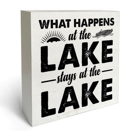 Rustic Farmhouse Style What Happens at the Lake Stays at the Lake Box Sign Wood Desk Sign Decor Sunshine Lake Life Wooden Block Plaque Box Sign Lake House Cottage Home Decorations (5 x 5 Inches)