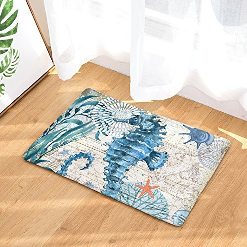 EZON-CH Ocean Seahorse Bath Mat Non Slip Watercolor Sea World Animal Home Bathroom Bath Shower Bedroom Mat Toilet Floor Door Mat Rug Carpet Pad Doormat(19.7X31.5IN)