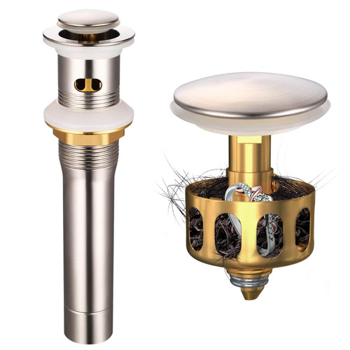 OTOmitra Bathroom Sink Drain with Overflow, Pop Up Drain Stopper for Bathroom Sink, Stainless Steel Vessel Sink Drain Assembly with Strainer Basket, Anti-Clogging (Brushed Nickel)