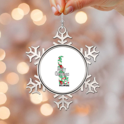 Merry Christmas Delaware Ornament, Delaware Snowflake Metal Ornaments for Christmas Tree, 50 States USA Souvenir Gift Hanging Ornament