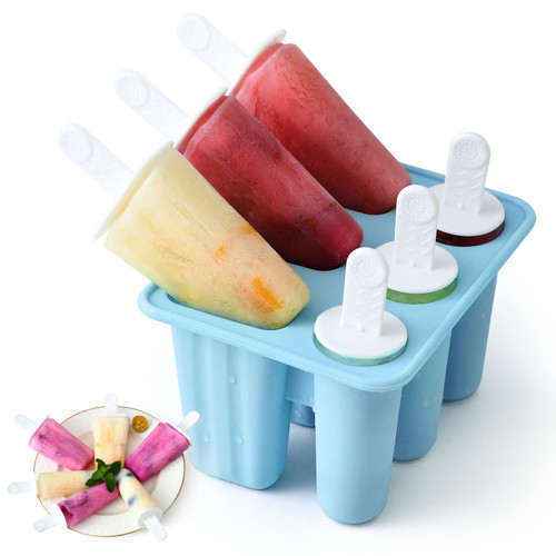 6 Cavity Ice Lolly Moulds 2 Shapes Silicone Popsicle Molds, Ice Cream Mould with Sticks, Reusable Ice Pop Moulds BPA Free Ice Lolly Maker for Children Adults DIY Ice Popsicle Mold (Blue)