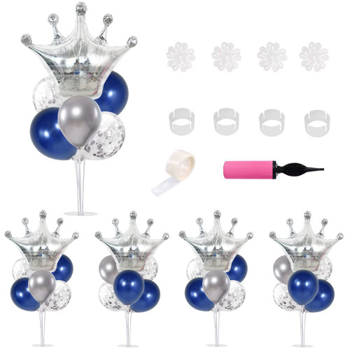 TONIFUL Table Centerpiece Balloons Stand Kit Include Blue Silver Latex Confetti Balloons and Foil Crown Balloon for Birthday Baby Shower Graduation Anniversary Table Party Decorations