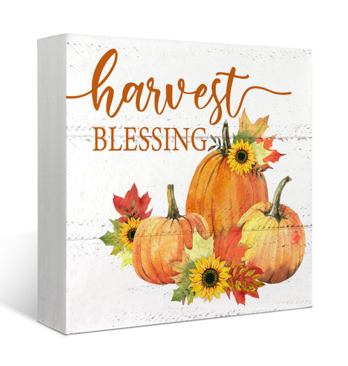 Mtrgdn Fall Decor for Table Wood Box Sign Harvest Blessing Pumpkin Sunflower Fall Thanksgiving Halloween Seasonal Desk Decor,Farmhouse Rustic Wood Block Plaque Decorations for Home Wall Shelf Decor