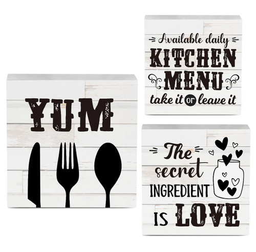 3 Pieces Kitchen Wooden Box Signs Decor, Rustic Kitchen Theme Wood Box Signs Blocks, Home Farmhouse Kitchen Desk Shelf Sign Tiered Tray Decoration