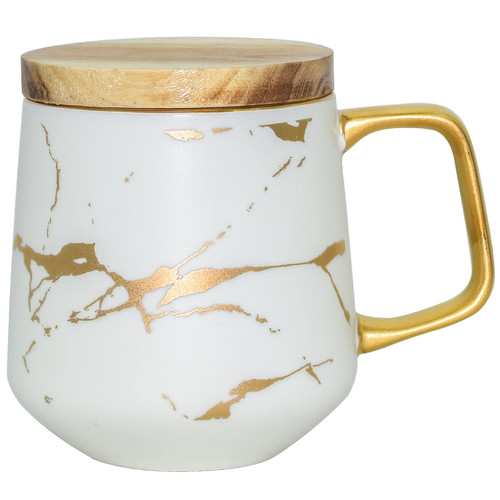 LUCCK Ceramic Coffee Mug with Wooden Lid 14.5 OZ Tea Cup Luxury Gold Inlay Marble Marble Coffee Cups with Lid Mug Gift for Women Wife Girl Grandma (White)