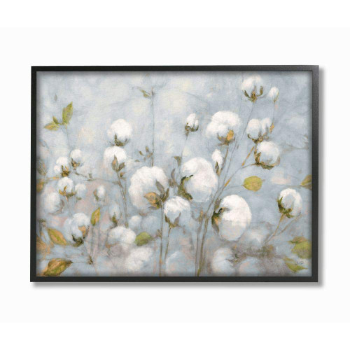 Stupell Industries Cotton Flower Field Neutral Blue Green Landscape Painting Black Framed Wall Art, 16 x 20, Multi-Color