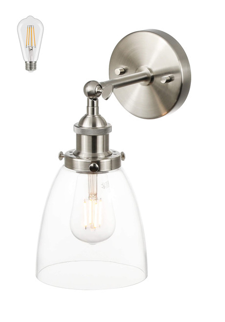 XiNBEi Lighting Glass Wall Sconce 1 Light Bathroom Vanity Light, Sconce Wall Light with LED Bulb Brushed Nickel Finish XB-W1160-BN-LED