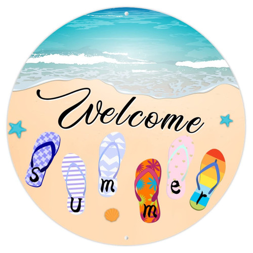 Metal Tin Sign Welcome Summer Beach Flip Flops Retro Round Metal Accent Sign Plaque Nostalgic Metal Sign Aluminum Home Wall Decor Hanger for Porch Bedroom Yard Coffee Bar