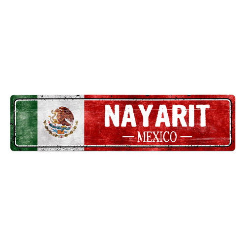 Vintage Mexico Flag Sign, Nayarit - Mexico - Mexican Flag Street Signs, Novelty Wall Art Decorations for Home, Man Cave Bar Decor, Metal, Slim, 4x16In