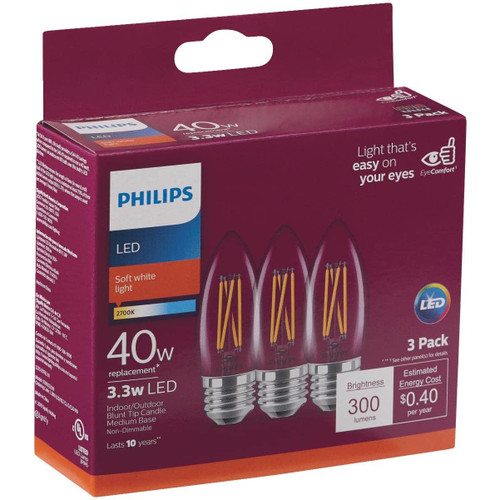 PHILIPS 40w Equivalent Soft White B11 Medium Clear Led Decorative Light Bulb (3-Pack)