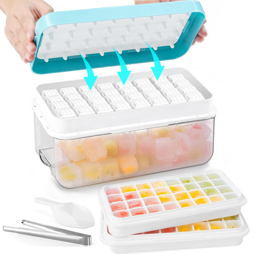Ice Cube Tray With Lid And Bin,64 Pcs Ice Cubes Molds, Ice Trays For Freezer, Ice Cube Tray Mold, With 2 Trays, Ice Freezer Container, Spill-Resistant Removable Lid & Ice Scoop (blue)