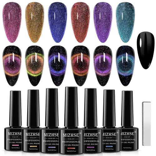 MIZHSE 9D Cat Eye Gel Nail Polish, Magnetic Cat Eye Gel Nail Polish Chameleon Galaxy Glitter Galactic Effect, 7 Colors Soak Off UV LED Nail Gel Polish with Magnetic Stick MIZHSE 9D Cat Eye Gel Nail Polish, Magnetic Cat Eye Gel Nail Polish Chameleon Galaxy Glitter Galactic Effect, 7 Colors Soak Off UV LED Nail Gel Polish with Magnetic Stick