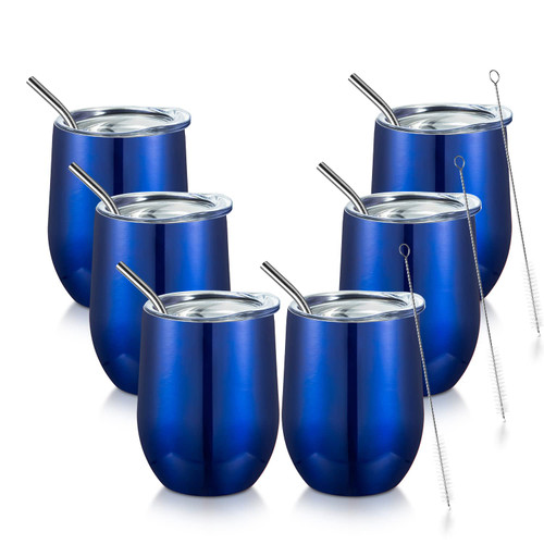 COMOOO Stainless Steel Wine Tumbler Glasses Bulk with Lid and Straw 12oz Double Wall Vacuum Insulated Tumbler Cup Stemless for Hot and Cold Drinks, Coffee, Wine, Cocktails (Royal blue, 6 Pack)