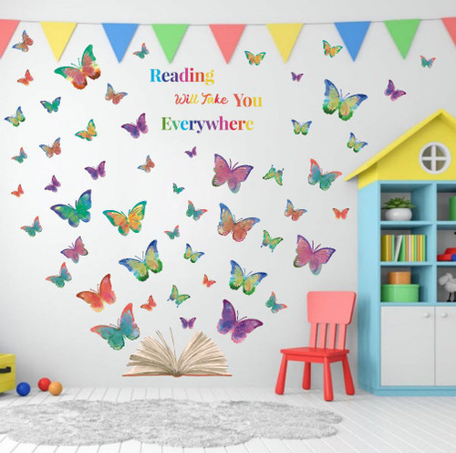 OLMIXA Colorful Butterfly Reading Book Wall Decal, Reading Will Take You Everywhere Inspirational Quote Wall Stickers, Vinyl Butterfly Book Wall Art for Classroom Library Playroom Decor