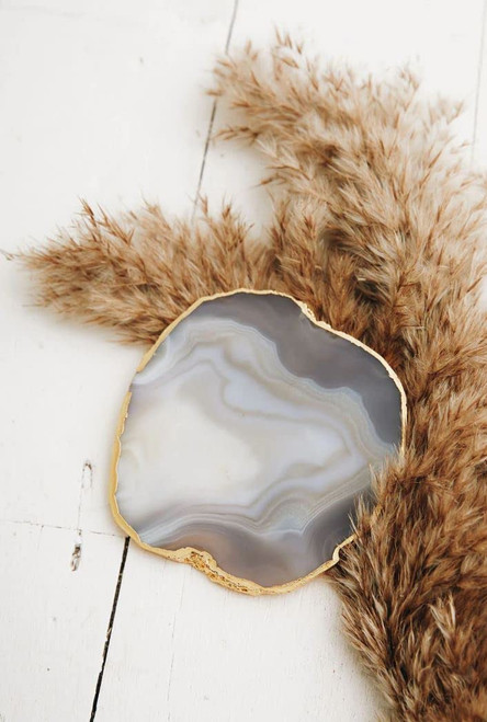 DHYz Agate Coasters - Set of 4 Geode Agate Slices Round 3-3.5inch - Natural Agate Coasters - Gray Agate Coasters Grey Stone - Gray Slate Coasters - Geode Coaster Set NO Holder (Small Gray)