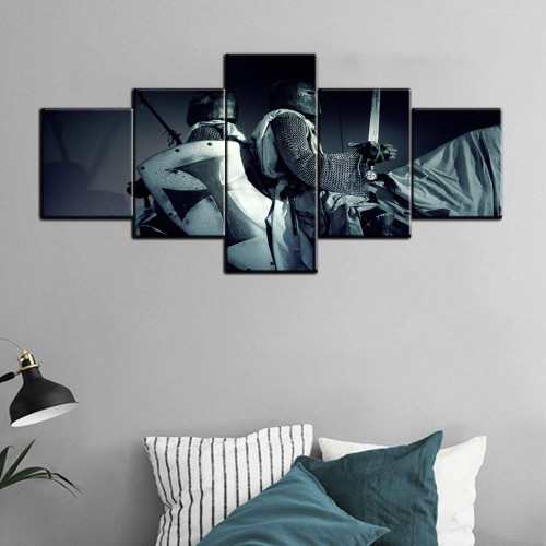 Canvas Prints Wall Art Knights Templar Painting Black Armor Horse Pictures Gallery-Wrapped 5 Panel Premium Quality Artwork for Bedroom Modern House Decor Framed Stretched Ready to Hang(50''Wx24''H)