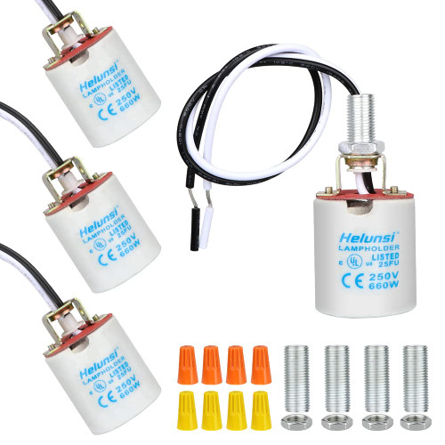 Upgraded Version - Helunsi E26 E27 Ceramic Light Socket, Glazed Medium Base Porcelain Lamp Holder, Replacement Light Bulb Socket with 12" Wire Lead for Incandescent Edison Halogen LED Bulbs - 4 Pcs