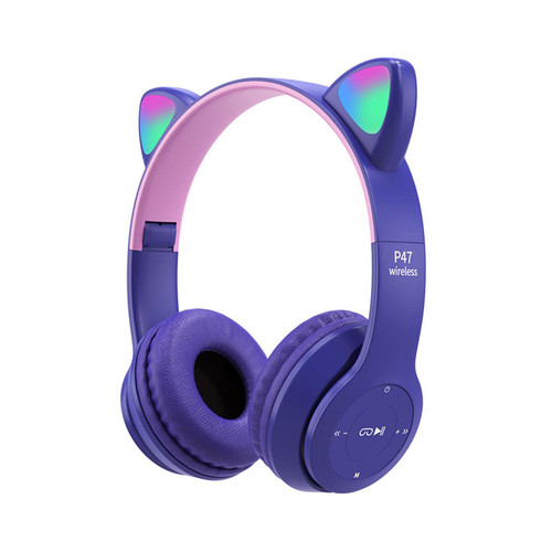 LED Wireless Gaming Headset with Cat Ears LED Light Up, Foldable Bluetooth 5.0 Headphones with Microphone, On-Ear Stereo Headset for Kids Adult(Purple)