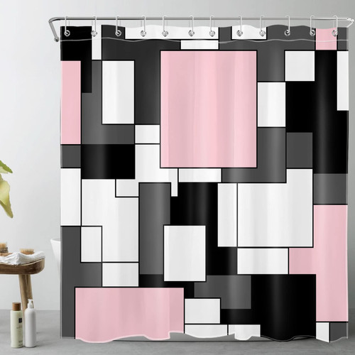 Modern Pink Shower Curtain for Bathroom, Grey Black and White Abstract Mid Century Minimalist Geometric Shower Curtains 72X72 inch Polyester Fabric Bathroom Decoration Bath Curtains Hooks Included
