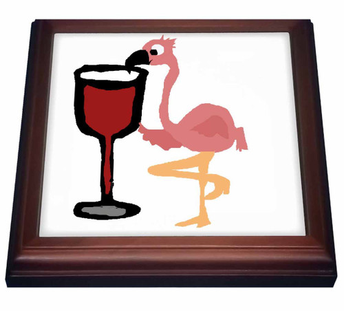 3dRose Funny Pink Flamingo Drinking Red Wine Trivet with Ceramic Tile, 8" by 8", Brown