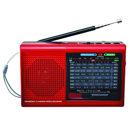 SuperSonic 9 Band Bluetooth Radio with AM/FM and SW1-7, Red  (SC-1080BT-Red)