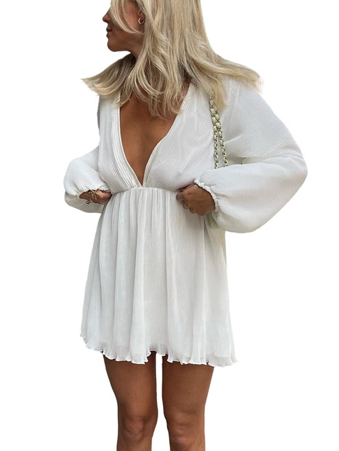 LYANER Women's Sexy Plunging V Neck Pleated Balloon Long Sleeve Solid Short Mini Dress White Small