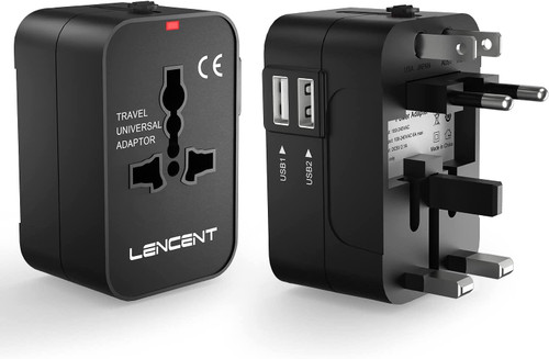 LENCENT International Travel Adapter, Worldwide All in One Universal Power Wall Charger AC Power Plug Adapter with 2 USB Charging Ports for USA EU UK AUS Cell Phone Laptop Tablets