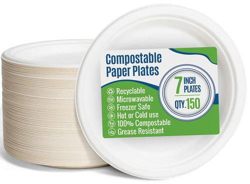 Paper Plates 7 Inch [150 Count] White Heavy-Duty - Microwavable, Hot & Cold, Sturdy Grease Resistant, Eco-Friendly, Food Grade Sugar Cane Fiber
