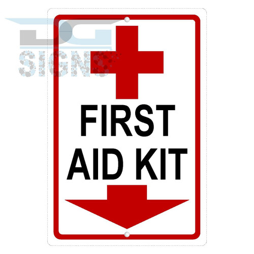 First Aid Kit Symbol Arrow Down Aluminum Sign