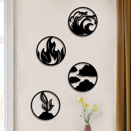 ORIGACH 4 Pieces Large Four Elements Minimalist Wood Wall Art, Wind, Water, Earth, Fire Vector Sign 4 Elements Symbols Wall Decor Black Wood Wall Decor Minimalist Decor, 11.8 Inches