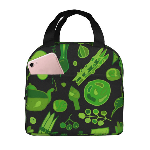 Reusable Lunch Tote Bag Green Vegetables Pattern Insulated Lunch Bag Durable Cooler Lunch Box