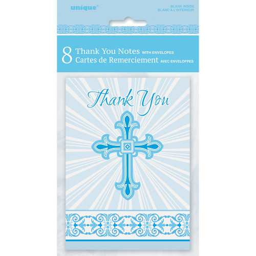 Unique Radiant Religious Cross Thank You Note Cards, 5.5" x 4", Blue