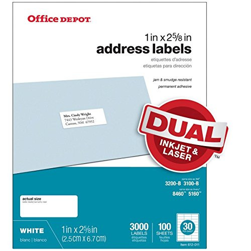 Office Depot White Inkjet/Laser Address Labels, 1in. x 2 5/8in, Box Of 3,000, 505-O004-0004