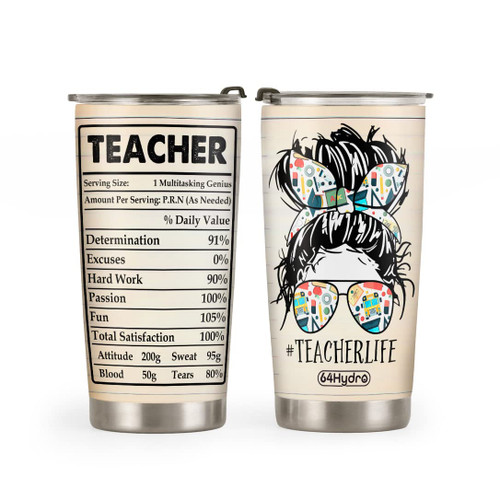 64HYDRO 20oz Teacher Gifts for Women, Teacher Appreciation Gifts, Gifts for Teacher, Valentines Day Gifts for Her, Teacher Life Teacher Facts Tumbler Cup, Insulated Travel Coffee Mug with Lid