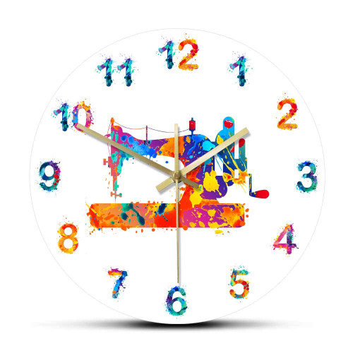 The Geeky Days Sewing Machine Watercolor Art Print Wall Clock Seamstress Sewing Room Sign Silent Non Ticking Decorative Wall Watch Tailor Gift