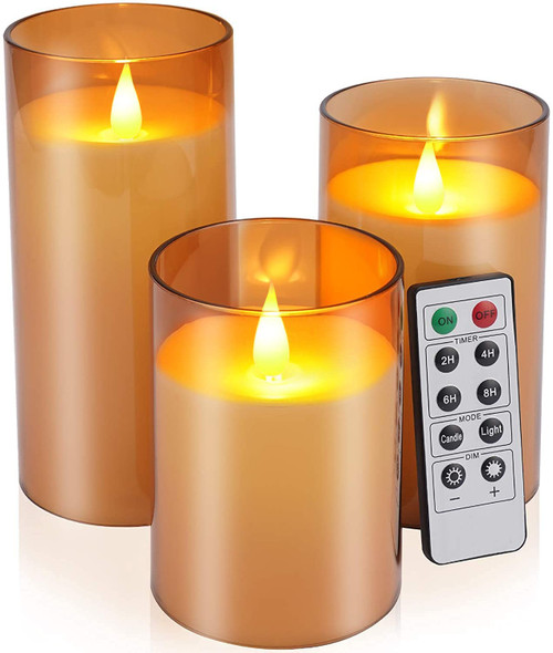 Pensar Flameless Candles with Remote, Acrylic Battery Operated Flickering Led Pillar Candles Set of 3 (D:3" x H:4" 5" 6"), Electric Fake Candles, Browm Pensar Flameless Candles with Remote, Acrylic Battery Operated Flickering Led Pillar Candles Set of 3 (D:3" x H:4" 5" 6"), Electric Fake Candles, Browm