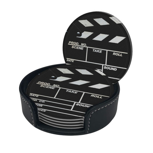 Round Coaster Set of 6 with Holder Retro-Black-Movie-Clapboard Leather Coasters for Drinks