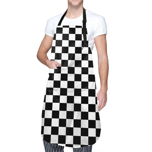 XWQWER Black White Race Checkered Flag Bib Apron with 2 Pockets, Adjustable Kitchen Aprons Ties Waterdrop Resistant for Men Women Suitable for Cooking BBQ Chef Grill Baking
