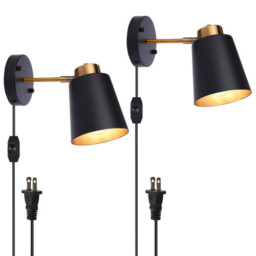 Industrial Plug in Wall lamps, 2-Pack Bronze Swing Arm Wall Sconce with Dimmable On Off Switch, 2-in-1 Hardwired Plug in Wall Mounted Lighting Reading Light Fixture for Bedside Bedroom Indoor