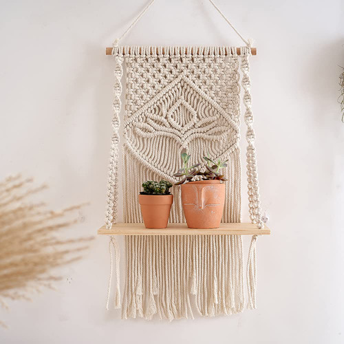 XIANSOAR Macrame Wall Hanging Shelves,Macrame Shelf Boho Shelf,Macrame Wall Decor,Handmade,Boho White Hanging Shelf Woven Rope for Bedroom, Bookshelf,Bathroom,Living Room,Boho Room