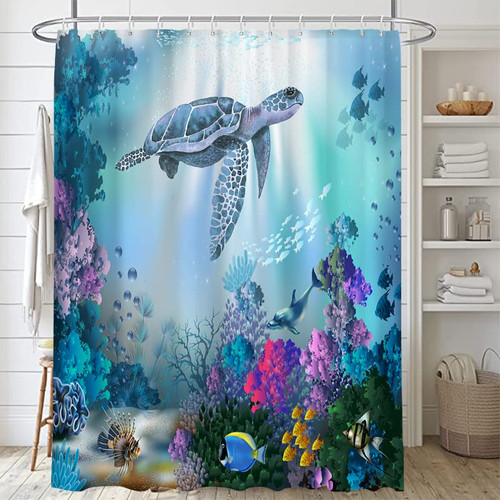 Lofaris Teal Sea Turtle Shower Curtain for Bathroom Ocean Underwater Colorful Marine Life Seaweed Coral Tropical Fish Dolphin Bathtubs Waterproof Fabric Curtain Set Decor with 12 Hooks 72x72 Inches