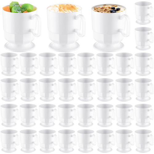 Dandat 50 Pcs Plastic Coffee Cup Bulks White Coffee Mug with Handle and Footed Base 8oz Disposable Coffee Cup Hard Plastic Tea Cup Reusable Espresso Mug for Coffee Tea Milk Drink and Cafe Dessert Shop
