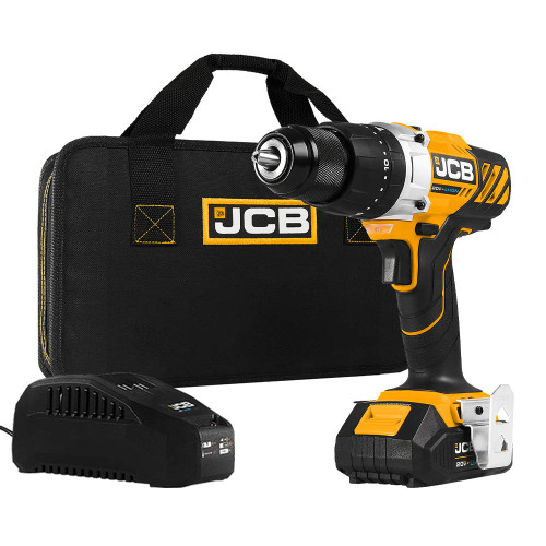 JCB Tools - JCB 20V Cordless Hammer Drill Driver Power Tool With 2.0Ah Battery, Charger And Zip Bag - Variable Speed - Forward And Reverse Rotation - For Home Improvements, Drilling, Screwdriving