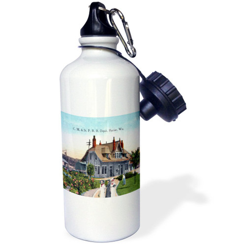 3dRose "Train Depot, Racine, WI (Vintage)" Sports Water Bottle, 21 oz, White